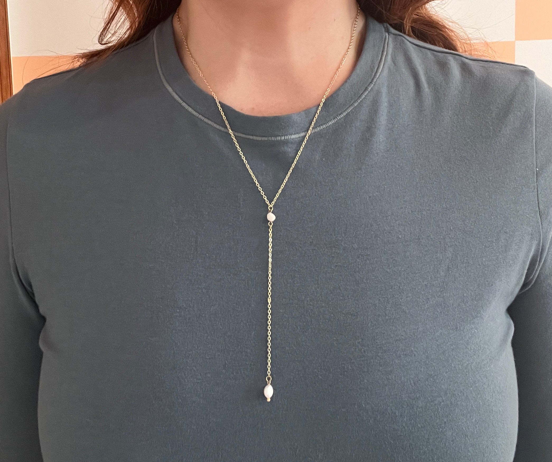 Dainty Pearl Lariat Necklace – Freshwater Pearls on 24k Gold Plated Chain