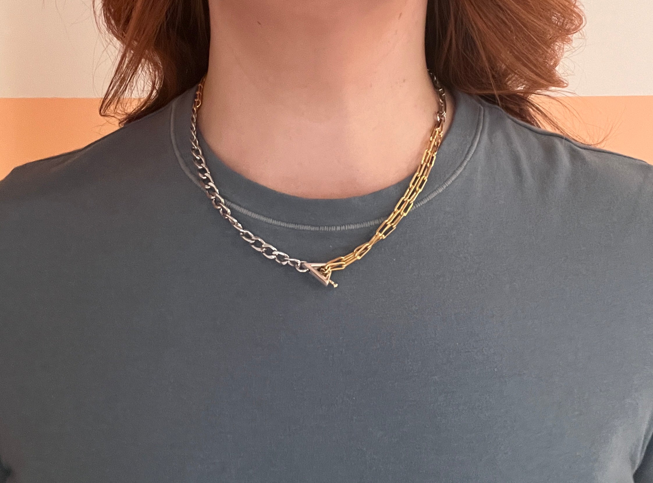 Chunky Two-Tone Necklace – Mixed Metal Curb & Link Chain with Toggle Clasp
