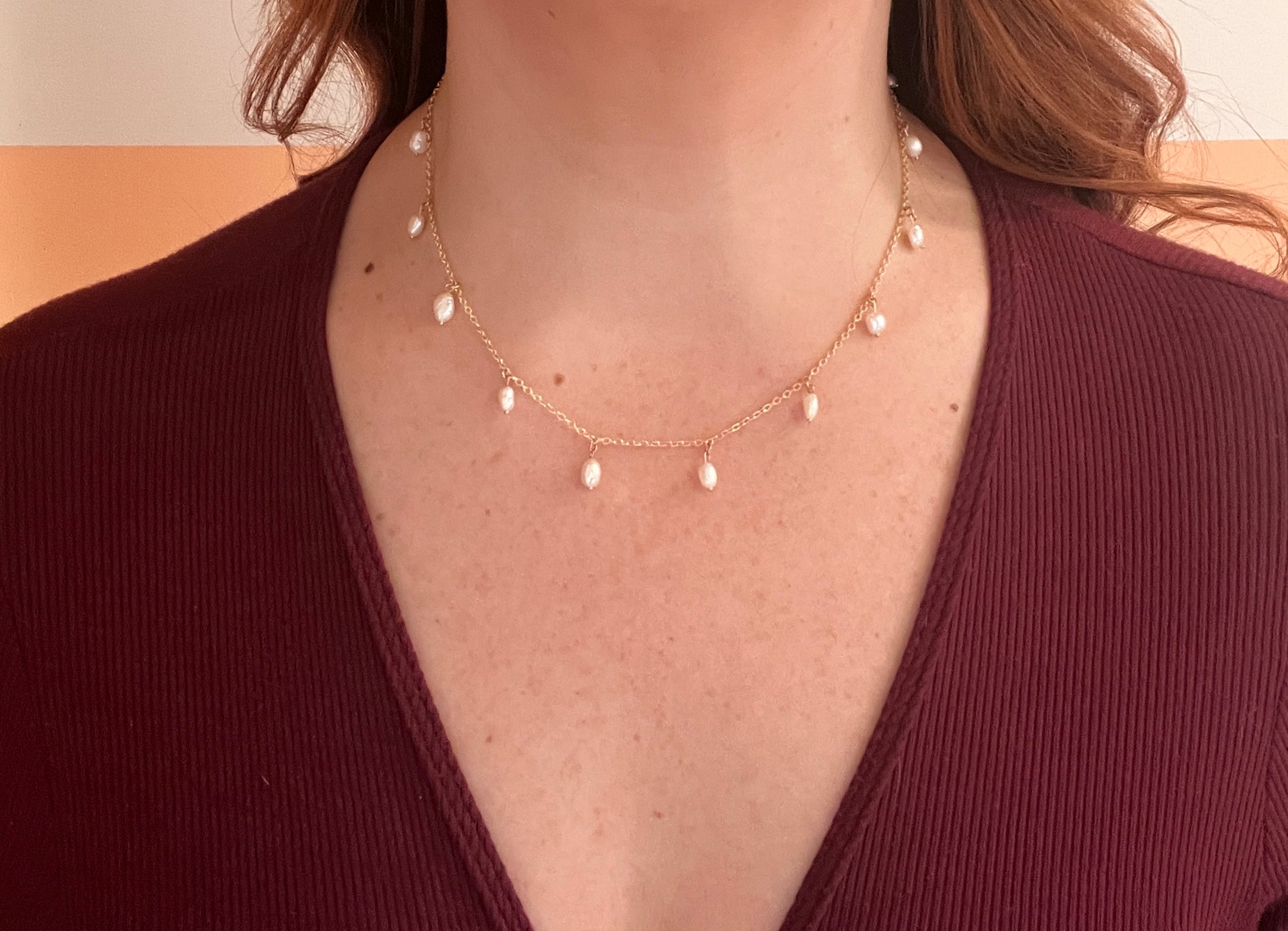 Dainty Pearl Charm Necklace – Freshwater Pearls on 24k Gold Plated Chain
