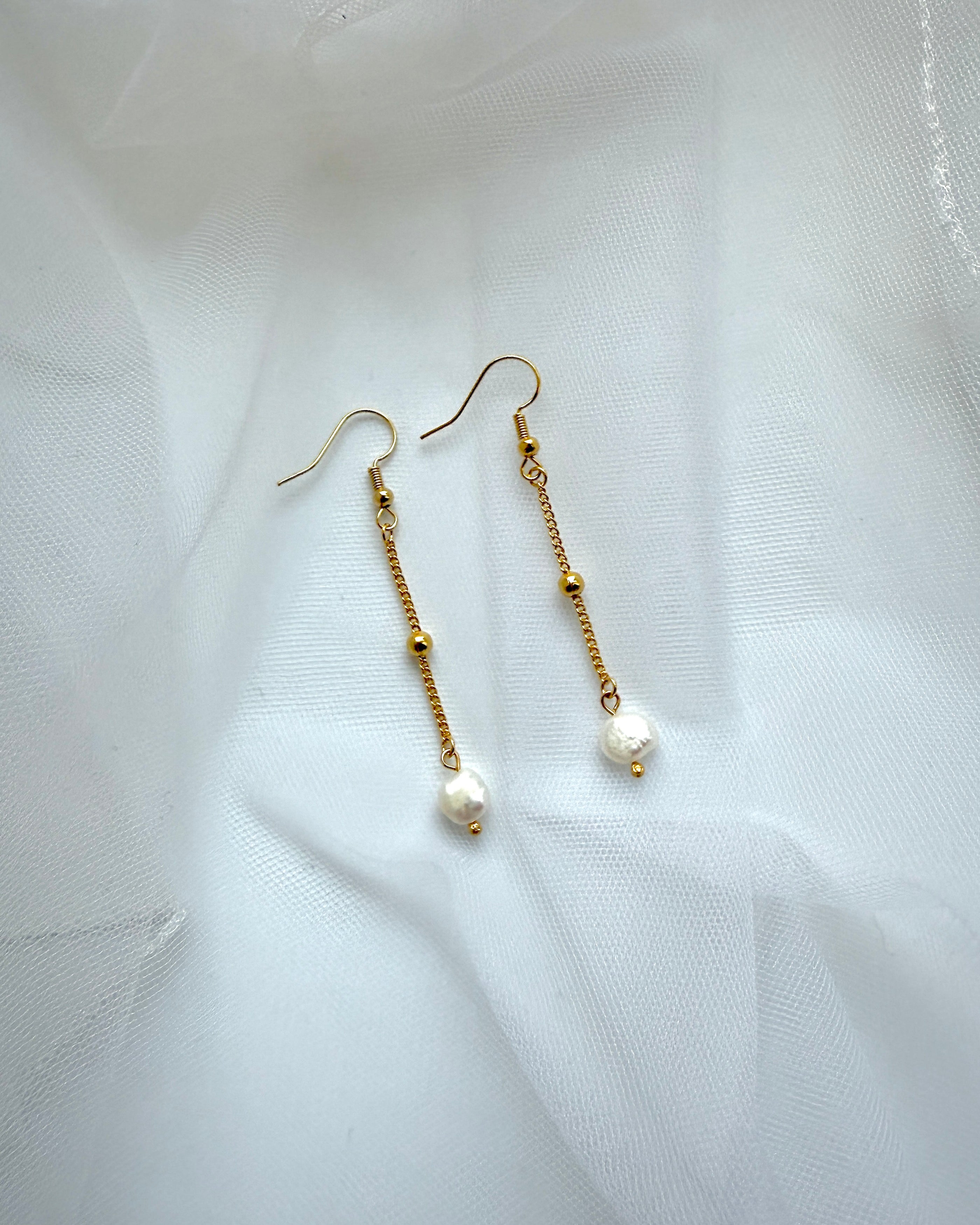 Pearl Dangle Chain Earrings – 24K Gold Plated with Freshwater Pearls