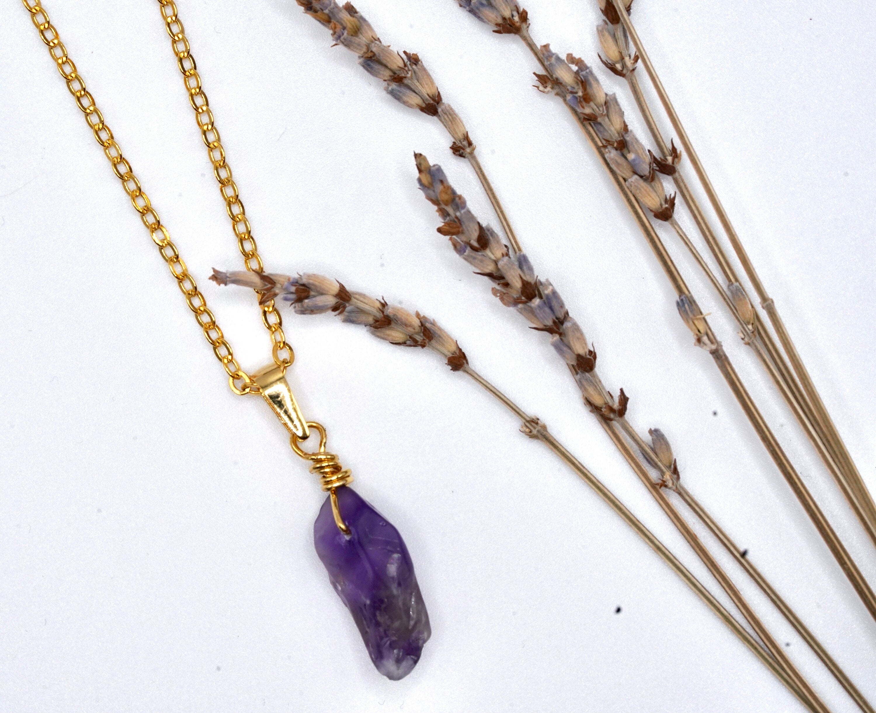 Raw Amethyst Pendant Necklace | 16″ Gold‑Plated Rolo Chain