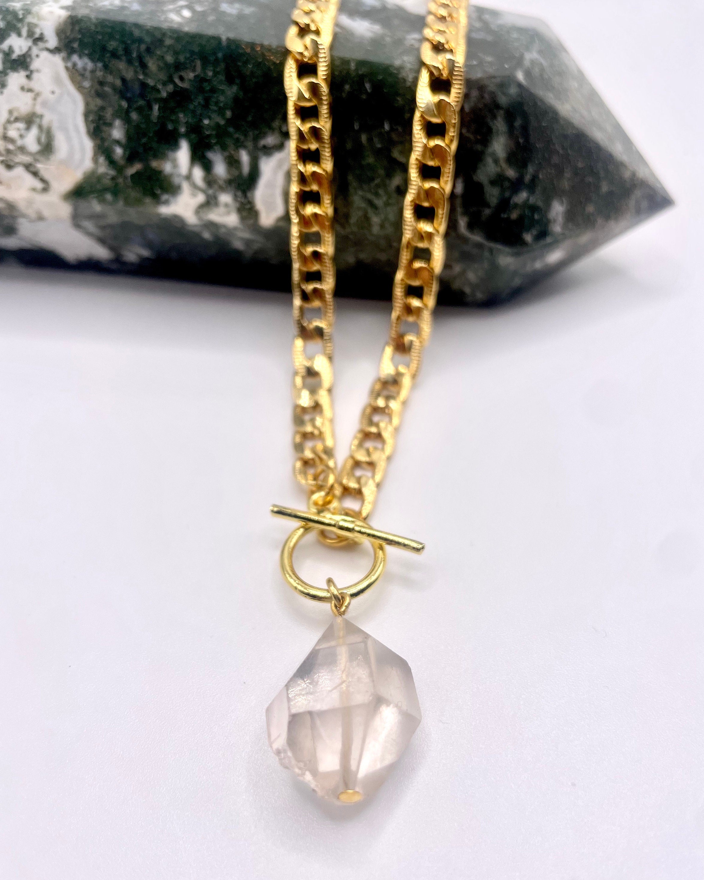 Chunky Quartz Necklace – Raw Clear Crystal on 24k Gold Plated Curb Chain
