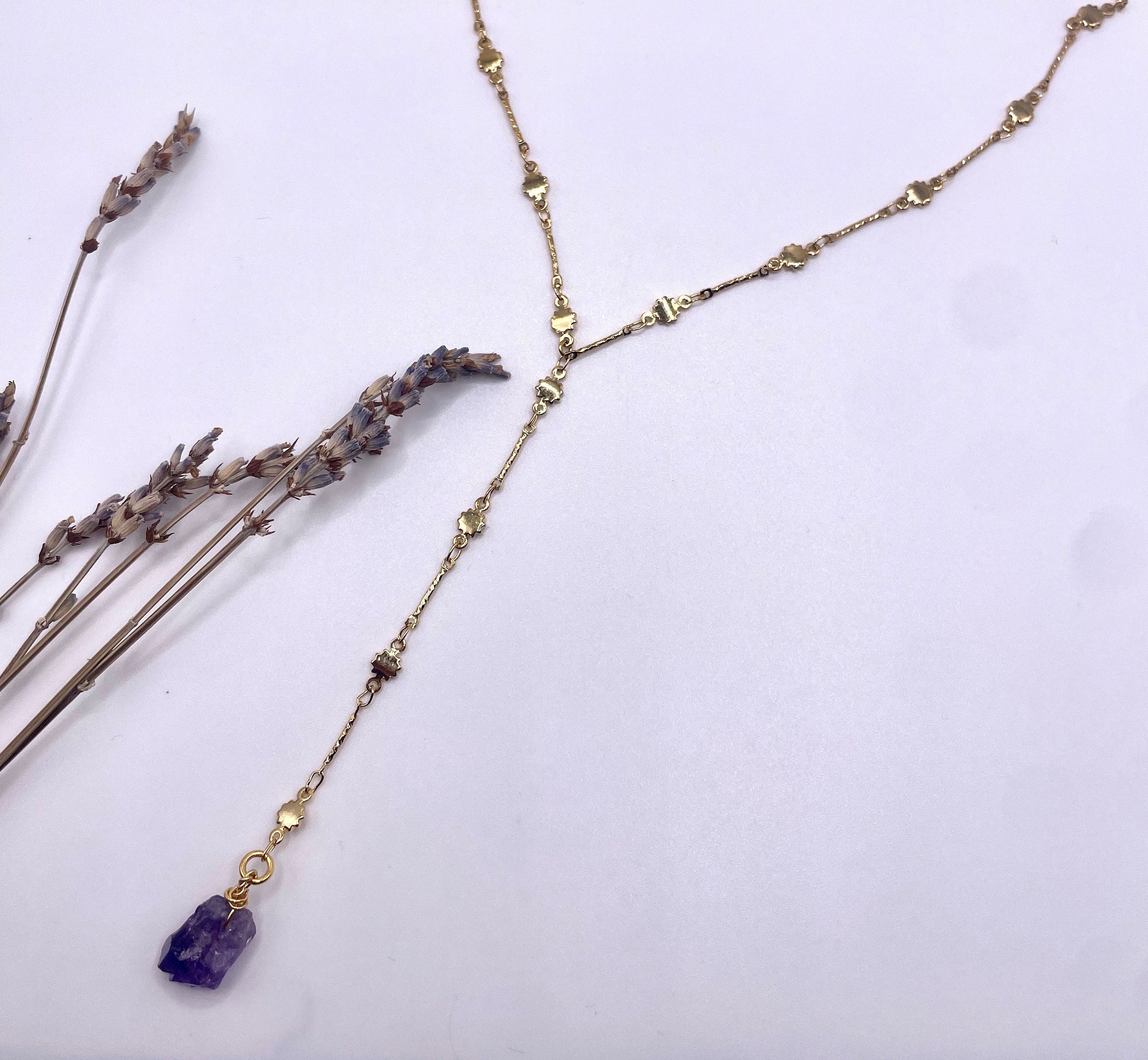 Amethyst Lariat Necklace – 24K Gold‑Plated Chain with Raw Crystal Drop