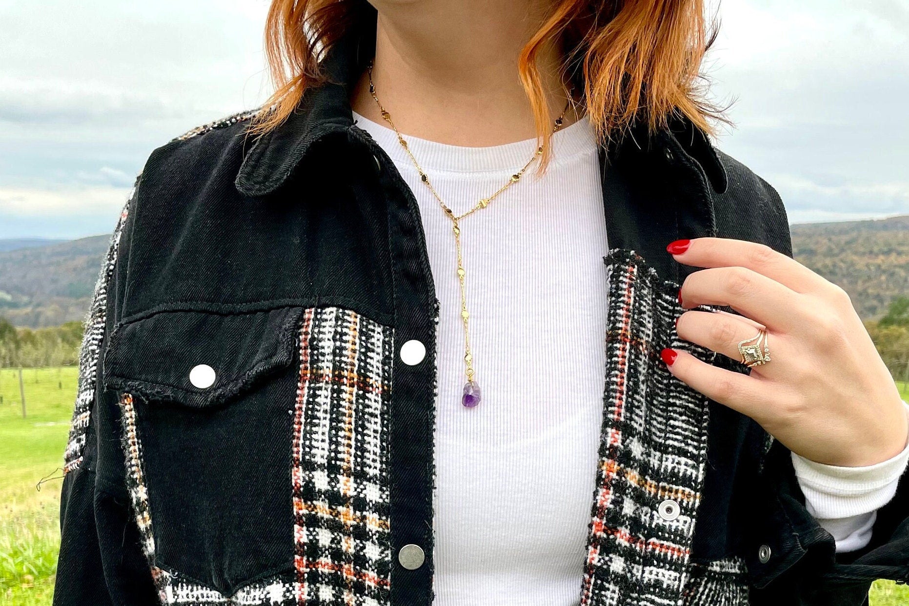 Amethyst Lariat Necklace – 24K Gold‑Plated Chain with Raw Crystal Drop