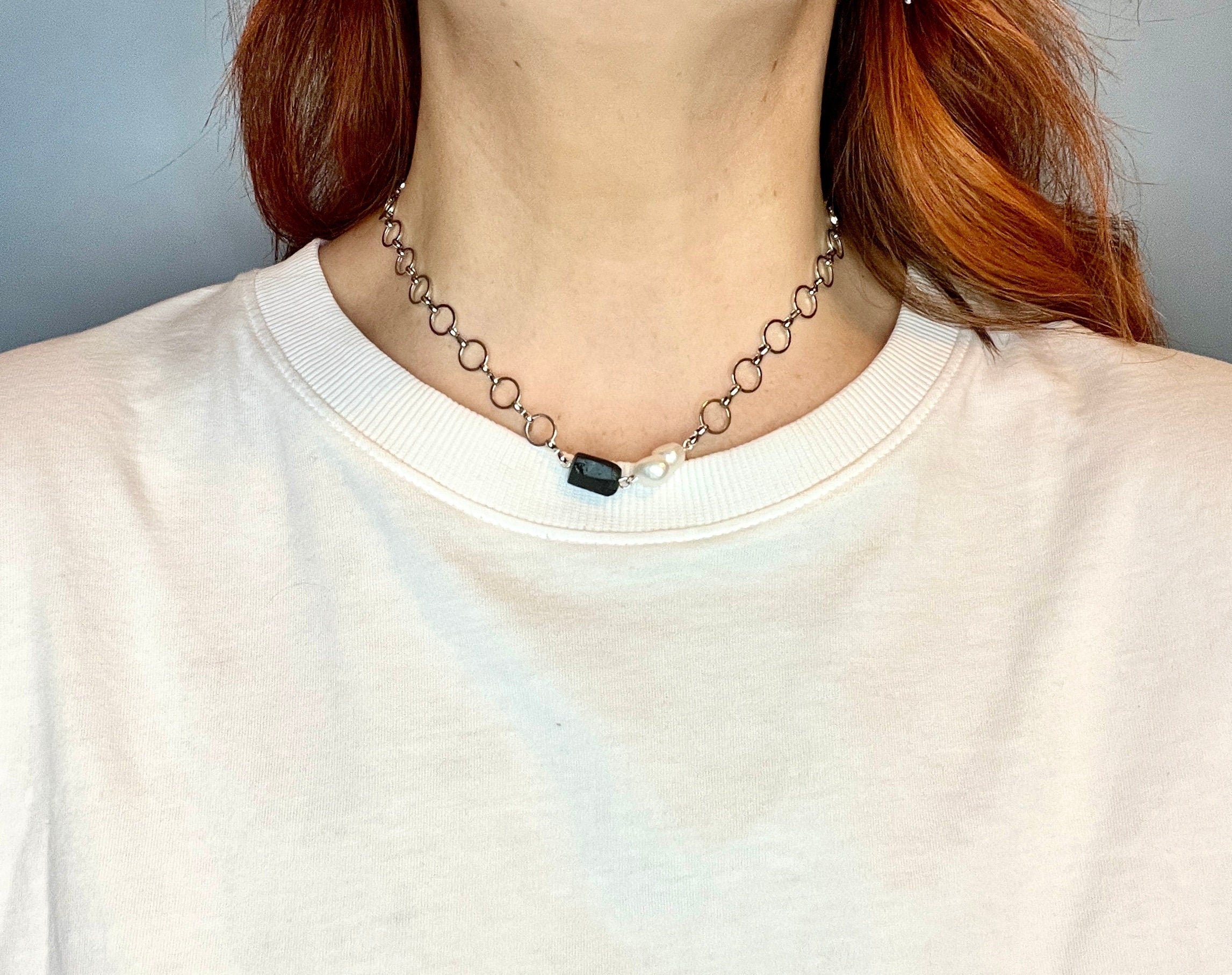 Tourmaline and pearl silver necklace