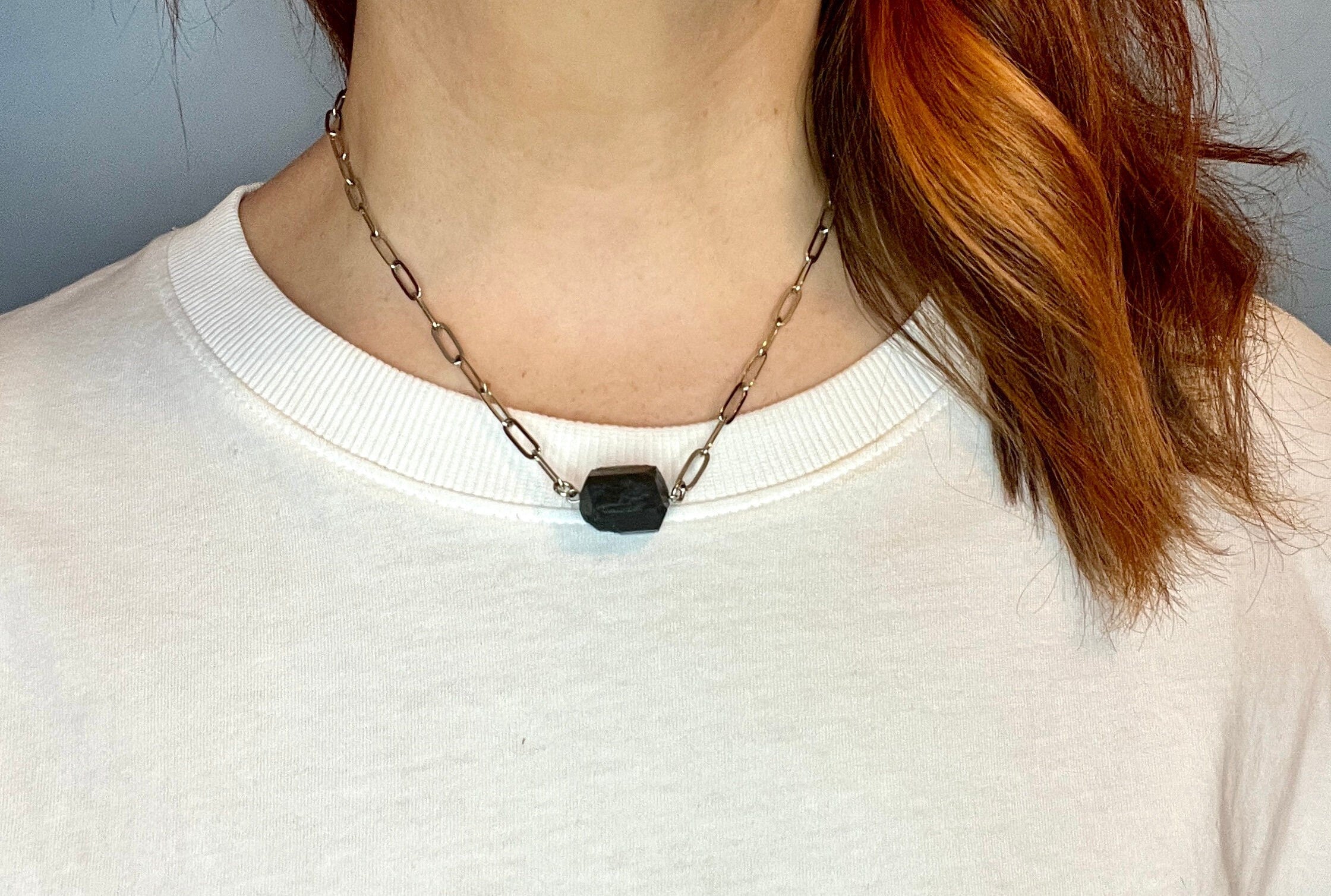 Tourmaline Paperclip Chain Necklace (Silver Plated)