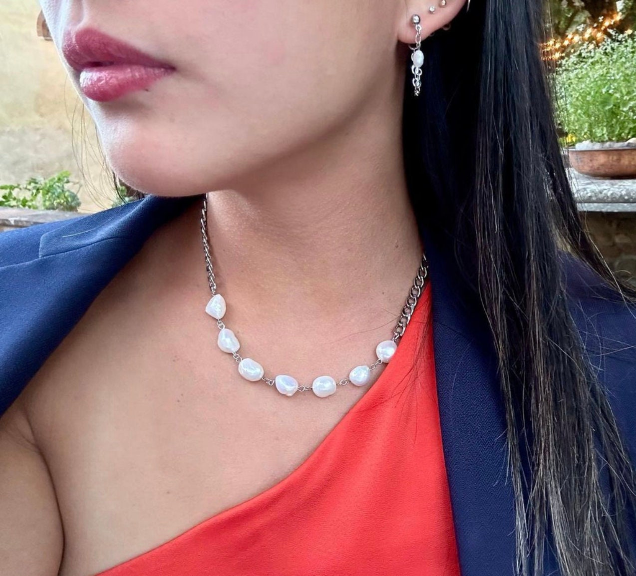 Pearl Charm Necklace in Silver