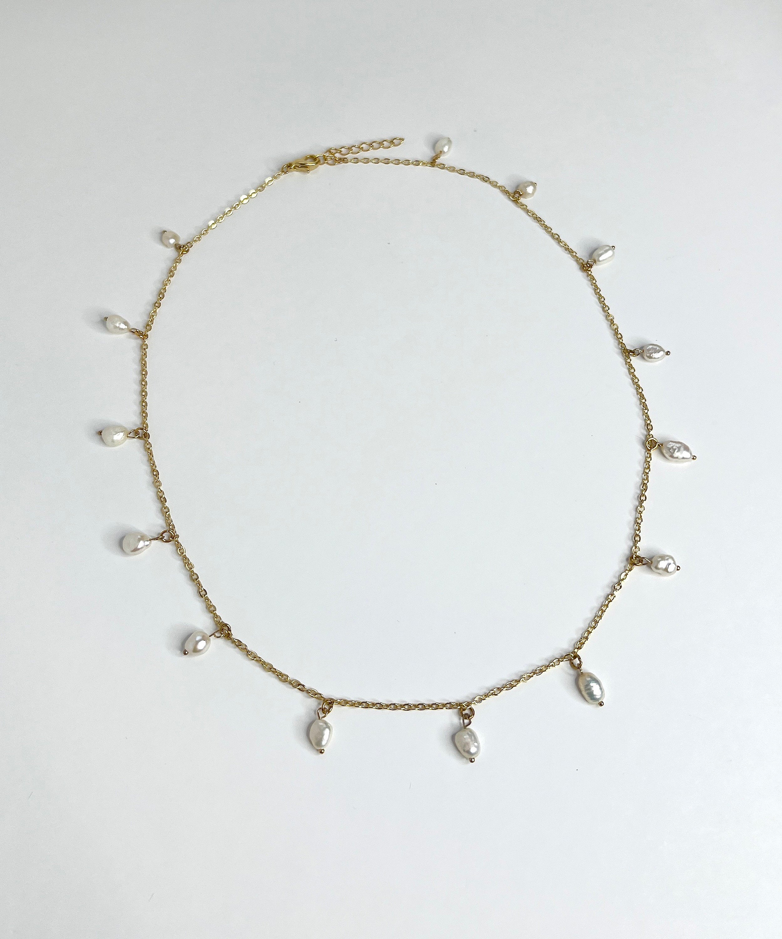 Dainty Pearl Charm Necklace – Freshwater Pearls on 24k Gold Plated Chain