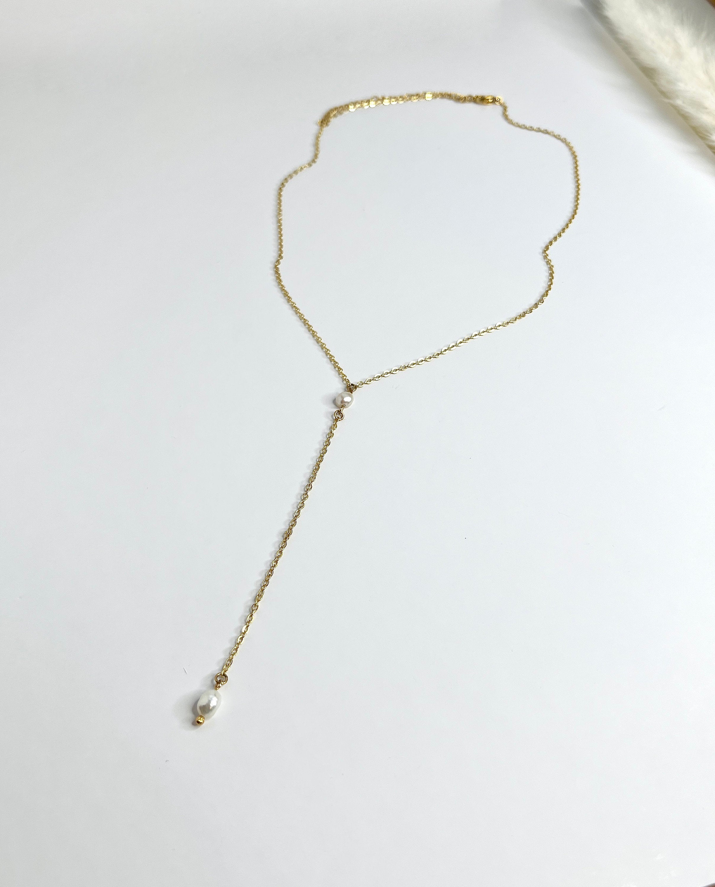 Dainty Pearl Lariat Necklace – Freshwater Pearls on 24k Gold Plated Chain