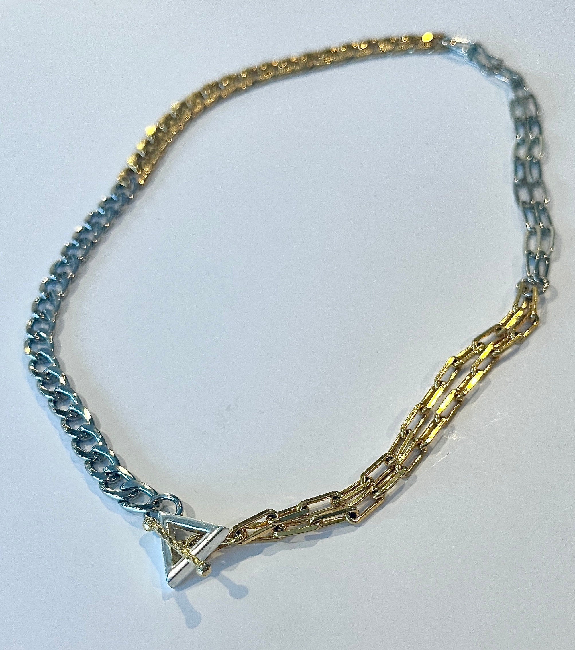Chunky Two-Tone Necklace – Mixed Metal Curb & Link Chain with Toggle Clasp